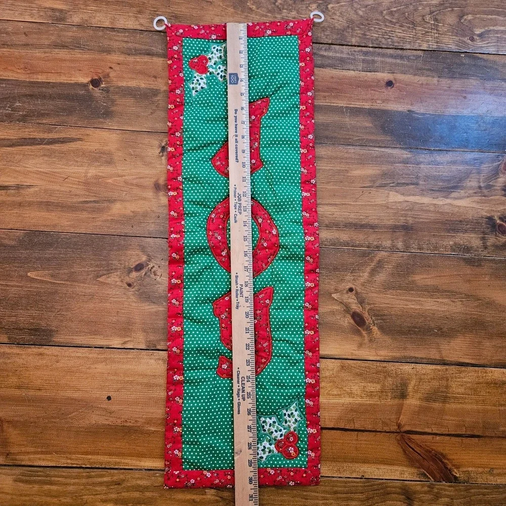 VTG Handmade Quilted JOY Christmas Wall Hanging Holly Holiday Fabric Banner